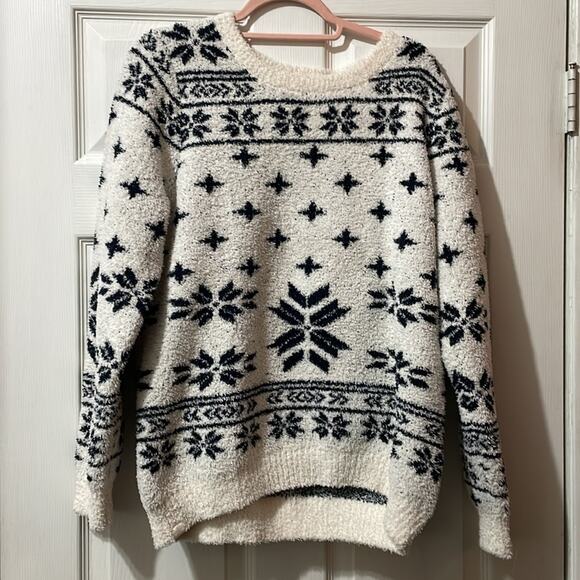 Barefoot Dreams Sweater Nordic Fair Isle White Size Large Cozy Plush Winter - Picture 2 of 4